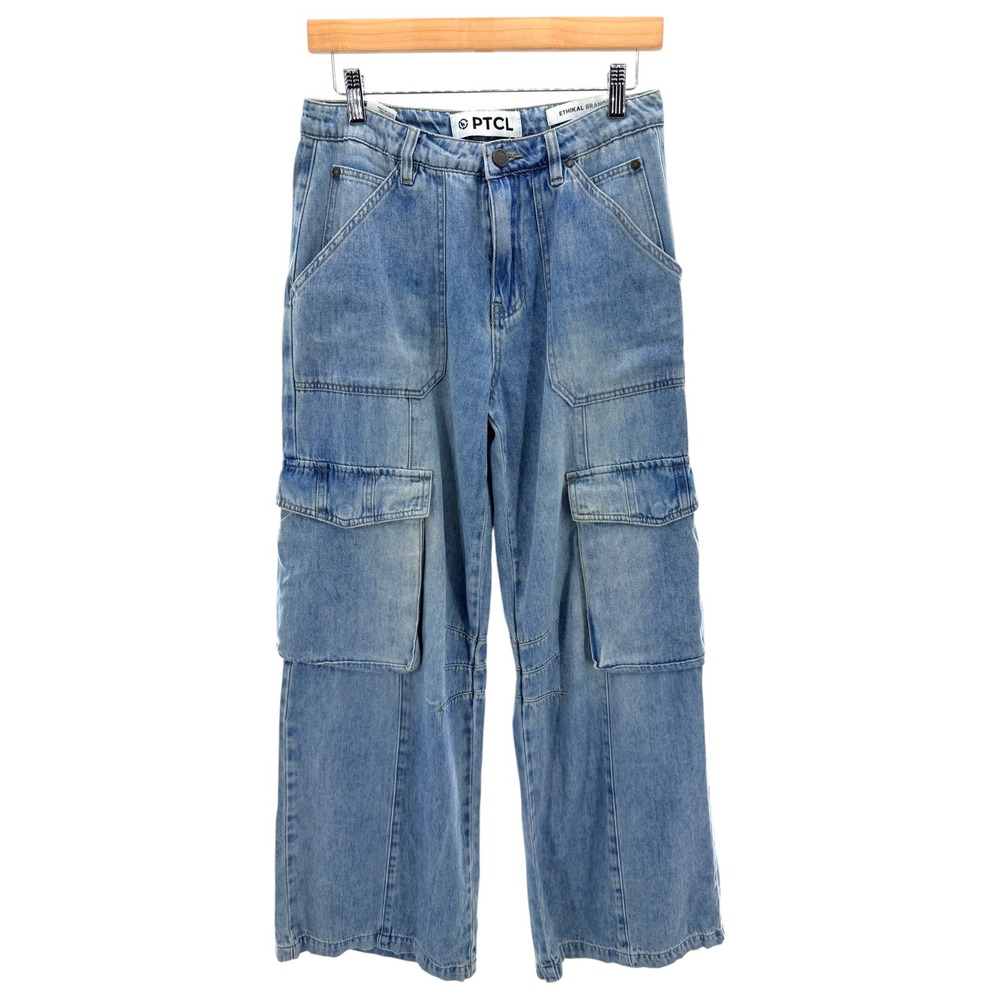 PTCL High Waisted Wide Leg Cargo Jeans Flap Utility Pockets Light Wash Size 27